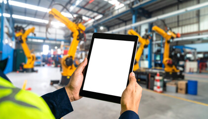 Worker holding tablet in factory Industrial automation robots in blurred view modern manufacturing high quality professional