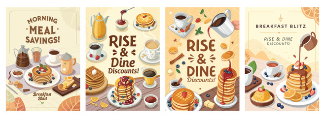 Bright and colorful breakfast illustrations featuring pancakes, coffee, and various toppings with discount themes.