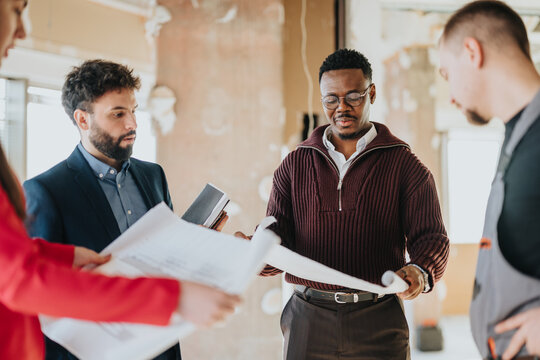 A diverse team of professionals examines architectural blueprints and discuss plans for a renovation project within a spacious, under-construction interior.