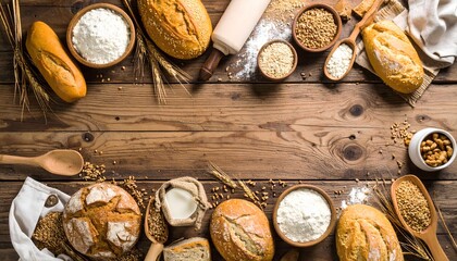 Celebrating World Food Day with a rustic spread of assorted breads, flour, and seeds on a wooden table, overhead shot.