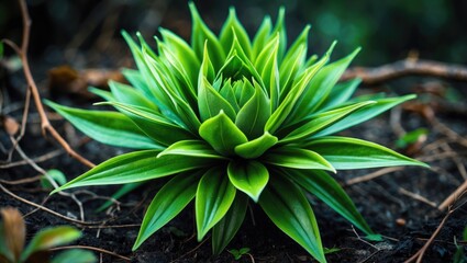 A green succulent plant with pointed leaves growing in dark soil.
