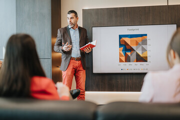 A business team discussion featuring a professional presenting project data to colleagues in a modern office setting. A visual representation of teamwork, strategy, and corporate planning.