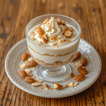 Almond parfait dessert on a plate with cream and walnuts