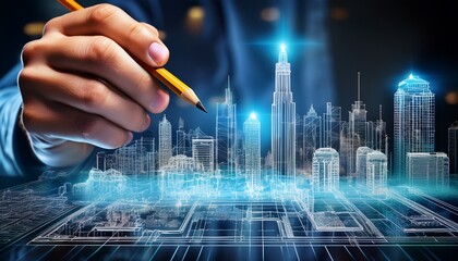 close up of a hand holding a pencil drawing intricate architectural cityscape blueprints with glowing highlights suggesting creativity and innovation