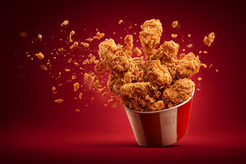 A  golden yellow fried chicken from KFC red bucket bursting out in the air. This image is a food advertisement featuring ultra-realistic stock photography