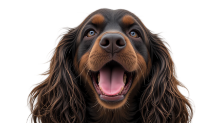Close-up portrait of a joyful dog with expressive eyes and furry coat on a black background showcasing adorable playful and friendly canine features