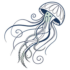 Stylized illustration of a jellyfish with long tentacles isolated on white background