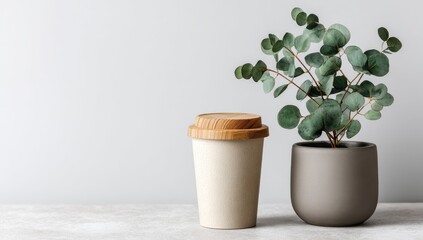 Light beige reusable coffee cup with wooden lid, next to a grey pot of eucalyptus