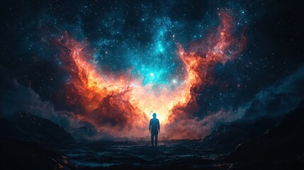 A futuristic astronaut, clad in a spacesuit adorned with constellations, gazes out at a breathtaking nebula, a testament to humanity's ambition and the vastness of the cosmos, all rendered through 