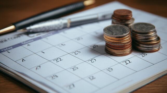 A calendar is laid out on a wooden surface alongside a stack of coins and a pen. The setting suggests careful planning for budgeting and managing finances effectively