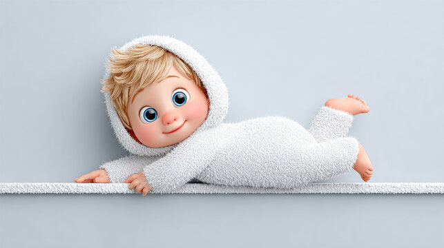 A cheerful cartoon baby crawling with a smile, rendered in 3D, perfect for playful and joyful themes.