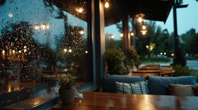 Autumn rain outside cozy cafe