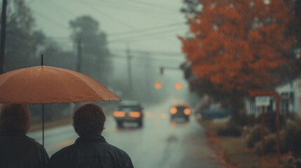 Couple under umbrella in fall park