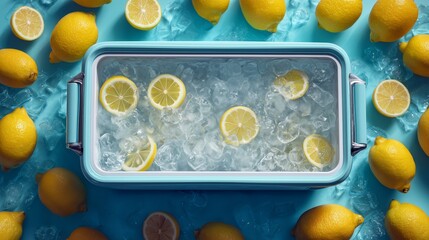 angled overhead view of cooler with ice and lemon slices surrounded by lemons