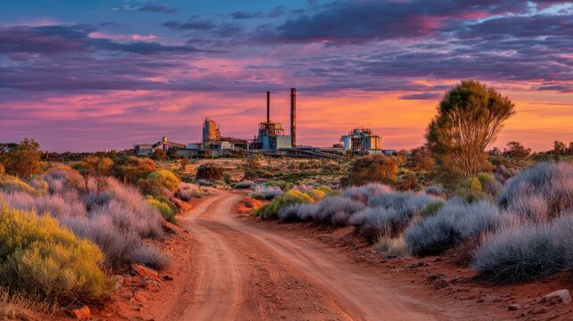 A dusty road leads through bushland to a mining site in the Australian outback as the sun sets, painting the sky in shades of purple and orange with towering chimneys visible