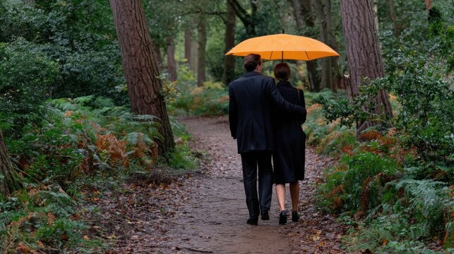 Couple under umbrella in fall park