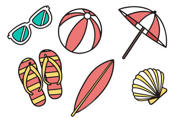 Beach vacation essentials including surfboard, umbrella, sunglasses, flip flops, ball, and seashell isolated on white background