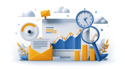 A vibrant digital illustration showcases various analytics elements including graphs, charts, and envelopes