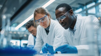 Group of scientists wearing lab coats and safety gear conduct experiments in a well-equipped laboratory. They diligently work together on research projects involving various samples