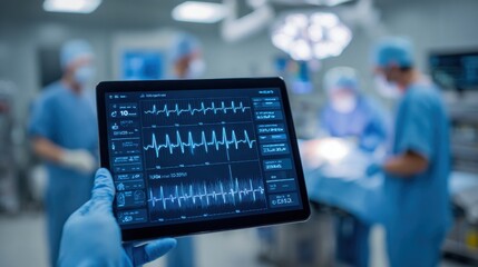 A surgical team in blue scrubs is focused on an ongoing procedure while a medical professional holds a tablet displaying vital signs and heart activity