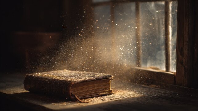 Sunlight streams through a dusty window, creating a magical atmosphere as particles float around an old book resting on a rustic wooden table, evoking feelings of nostalgia - Powered by Adobe