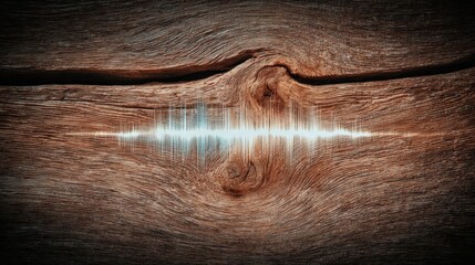 Audio Waveform Visualization on Wood Grain Background, Represents Sound, Technology, and Connection
