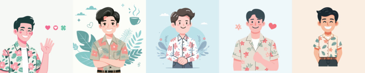 vector of a young man wearing a floral shirt