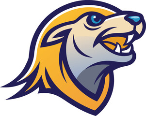 Aggressive stylized lion head mascot logo with blue eyes and yellow mane