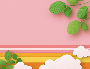 Pastel pink background with paper-cut leaves, branches, and clouds.  Colorful horizontal stripes below