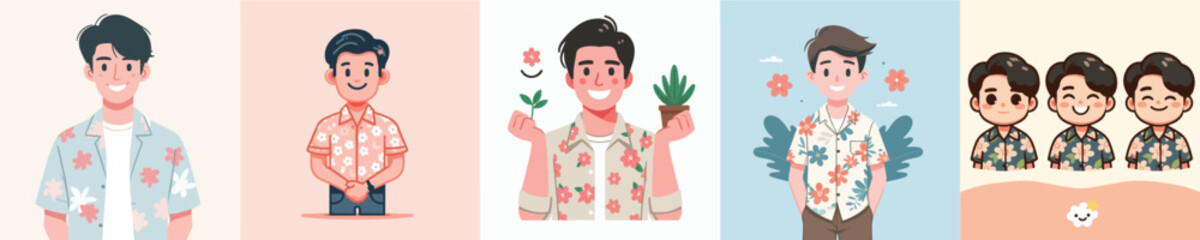 vector of a young man wearing a floral shirt