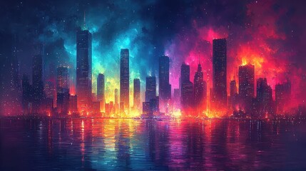 A futuristic cityscape pulsates under a sky awash with vibrant neon hues, its towering skyscrapers piercing the inky darkness like chrome giants 