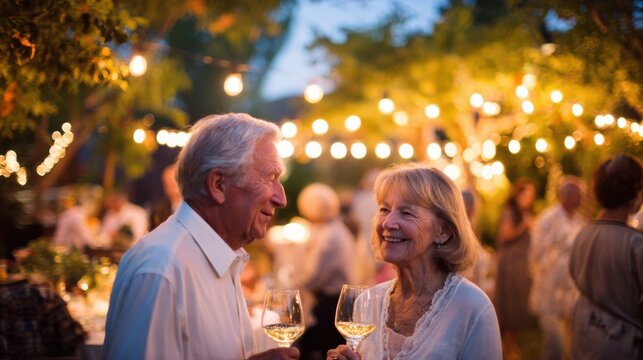 Two seniors share a joyful moment while holding glasses of white wine at an outdoor gathering. Soft lights illuminate the festive atmosphere as friends engage in conversation - Powered by Adobe