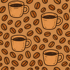 Obraz premium Coffee Delight: A delightful digital artwork displaying coffee cups and scattered coffee beans, evoking warmth and the essence of a cozy cafe experience. 
