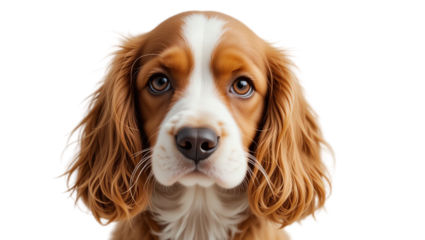 Beautiful close-up portrait of a cute puppy with expressive brown eyes white and brown fur showcasing adorable facial features and friendly expression