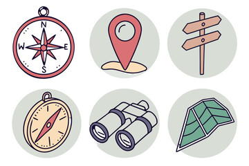 Set of navigation and travel icons compass, map, binoculars, signpost, location