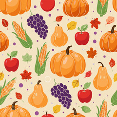 Seamless pattern with pumpkins, apples, grapes, corn, and leaves. Ideal for fall, Thanksgiving, and seasonal designs