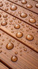 Close up of clear water droplets on weathered wooden planks after rain