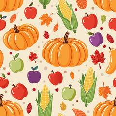 Seamless pattern with pumpkins, apples, grapes, corn, and leaves. Ideal for fall, Thanksgiving, and seasonal designs