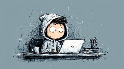 whimsical doodle representing a tech-savvy hacker at work on his laptop