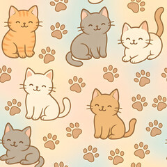 Obraz premium Cheerful Kitties and Paw Prints Pattern: A charming and whimsical pattern featuring a variety of adorable cartoon cats, each with unique expressions, alongside playful paw prints against a soft.