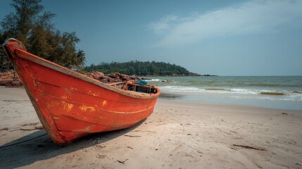 Obraz premium Vibrant Fishing Boat on Sandy Beach: A Coastal Scene of Tranquility and Maritime Tradition