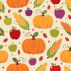 Seamless pattern with pumpkins, apples, grapes, corn, and leaves. Ideal for fall, Thanksgiving, and seasonal designs