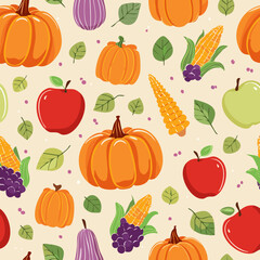 Seamless pattern with pumpkins, apples, grapes, corn, and leaves. Ideal for fall, Thanksgiving, and seasonal designs