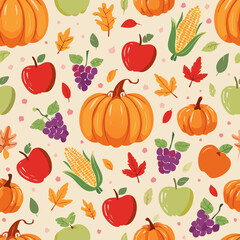 Seamless pattern with pumpkins, apples, grapes, corn, and leaves. Ideal for fall, Thanksgiving, and seasonal designs