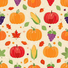 Seamless pattern with pumpkins, apples, grapes, corn, and leaves. Ideal for fall, Thanksgiving, and seasonal designs