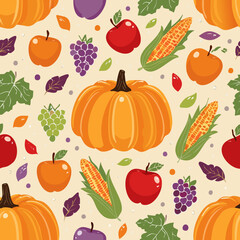 Seamless pattern with pumpkins, apples, grapes, corn, and leaves. Ideal for fall, Thanksgiving, and seasonal designs