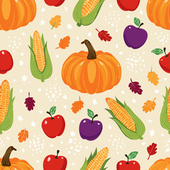 Seamless pattern with pumpkins, apples, grapes, corn, and leaves. Ideal for fall, Thanksgiving, and seasonal designs