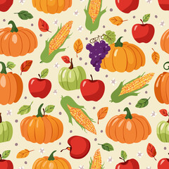 Seamless pattern with pumpkins, apples, grapes, corn, and leaves. Ideal for fall, Thanksgiving, and seasonal designs