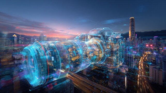 Digital Camera Overlay on Urban Cityscape at Twilight: Visualizing Photography Technology and Modern Communication