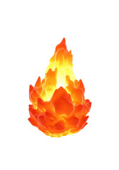 Abstract, glowing, flame-like energy form in intense orange and bright yellow with ethereal upward wisps, sharp contours, isolated against a transparent void. Concept of innovation and dynamic energy